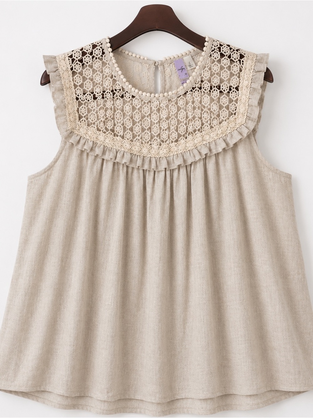 Alya Linen Blend Lace Yoke Babydoll Tank Top Boho Cottagecore L